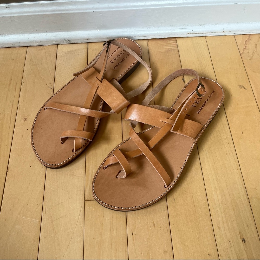Venus Made In Greece Tan Leather Sandals Women’s Size 10 Minimal Boho